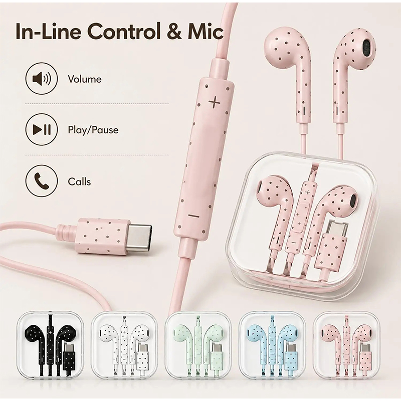 Type C Oordopjes met Polka Dot - Wired Earphone Mic recensie en prijs